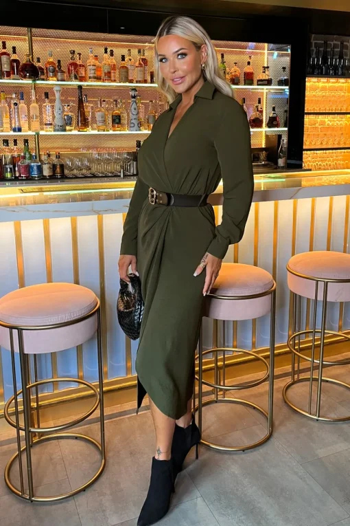 Long Sleeve Belted Wrap Midi Shirt Dress
