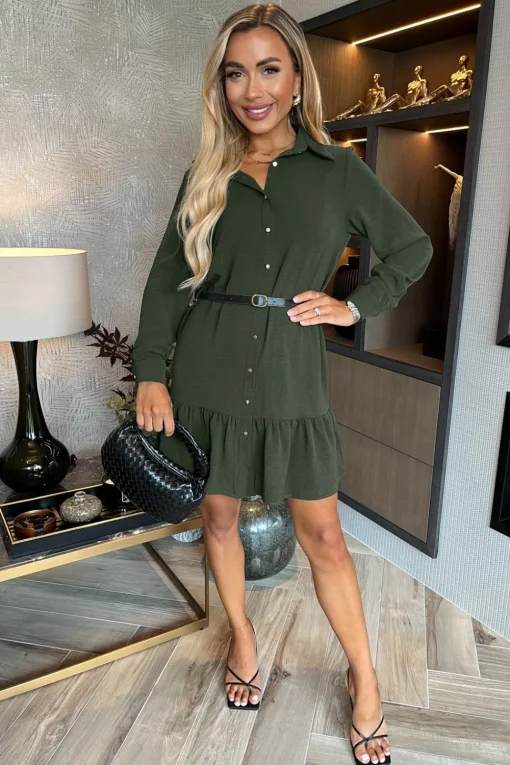 Long Sleeve Frill Hem Mini Shirt Dress