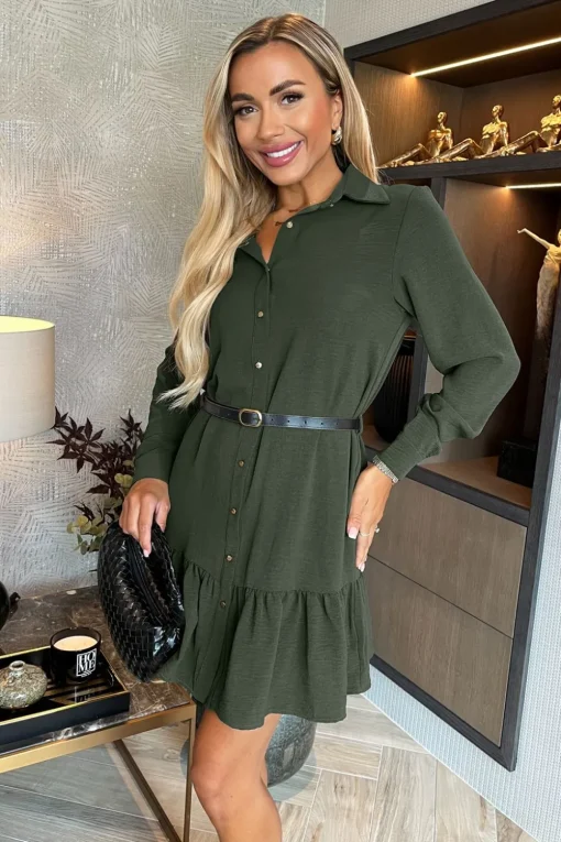 Long Sleeve Frill Hem Mini Shirt Dress