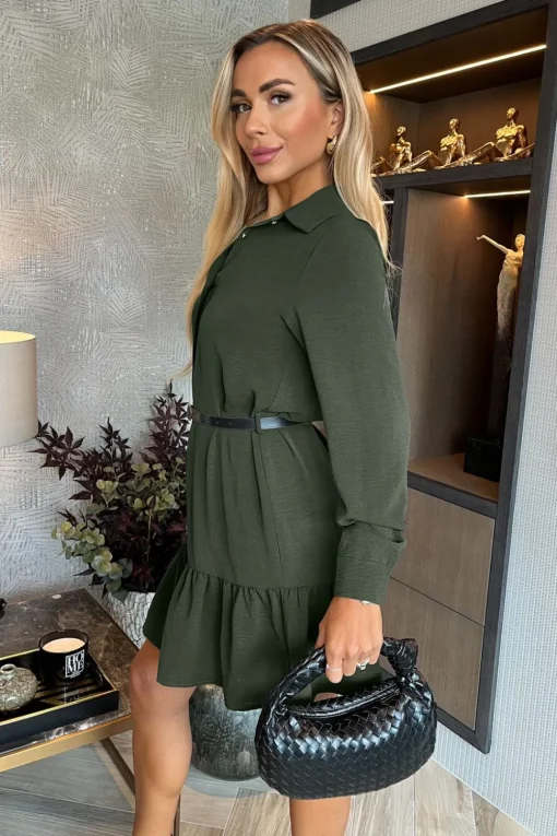 Long Sleeve Frill Hem Mini Shirt Dress