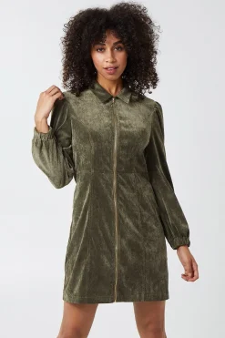 Long Sleeve Front Zip Cord Dress