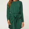 Long Sleeve Knot Tie Front Mini Dress In Green
