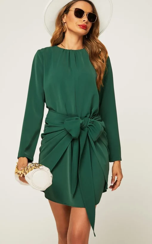 Long Sleeve Knot Tie Front Mini Dress In Green
