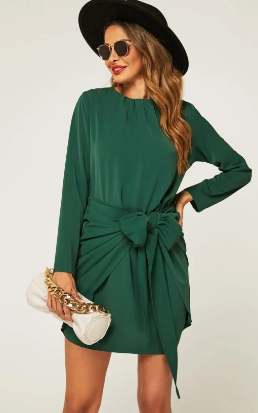 Long Sleeve Knot Tie Front Mini Dress In Green