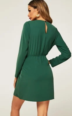 Long Sleeve Knot Tie Front Mini Dress In Green