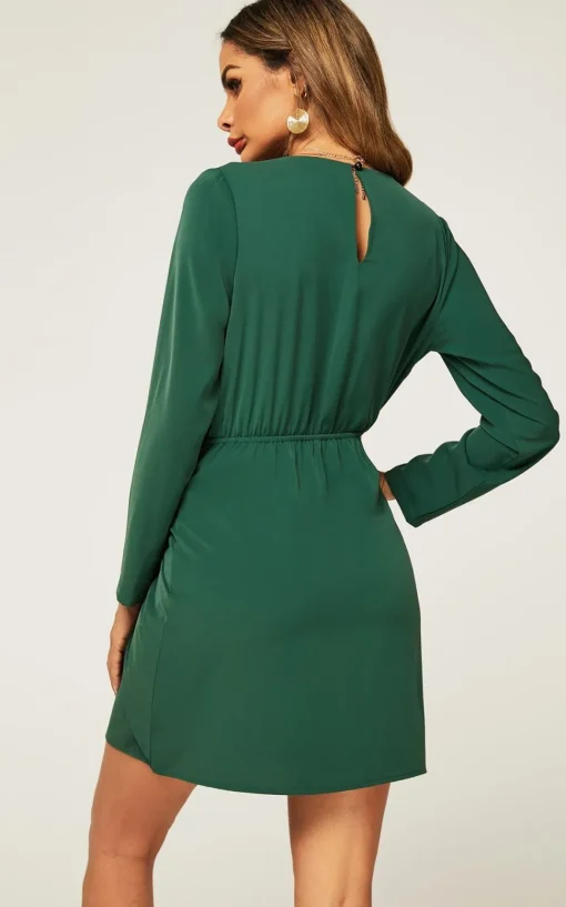 Long Sleeve Knot Tie Front Mini Dress In Green