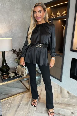 Long Sleeve Satin Belted Top