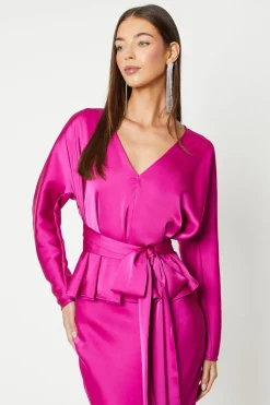 Long Sleeve Satin Top With Tie Detail