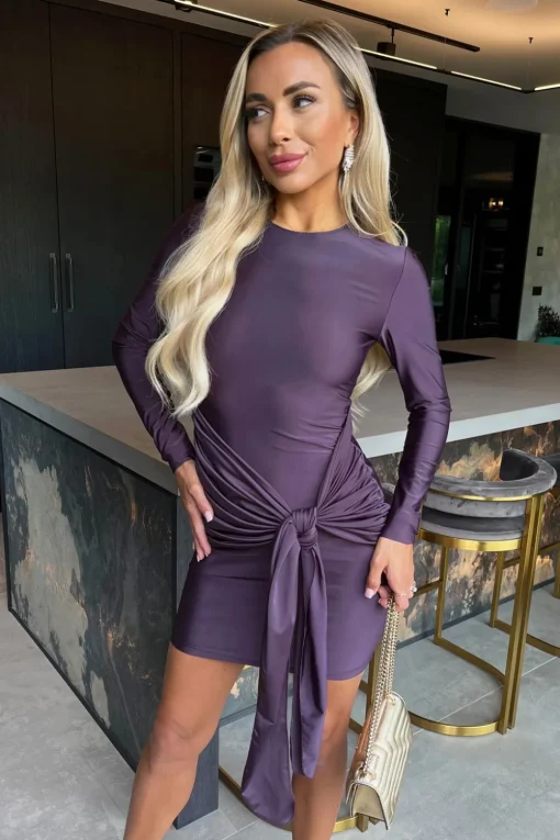 Long Sleeve Slinky Bodycon Mini Dress with Front Sash