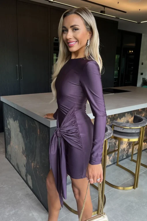 Long Sleeve Slinky Bodycon Mini Dress with Front Sash