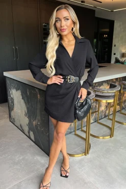 Long Sleeve Wrap Belted Mini Dress
