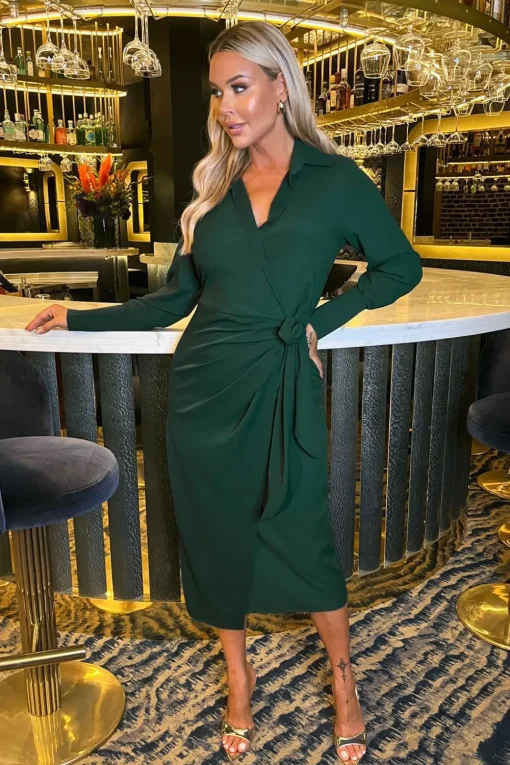 Long Sleeve Wrap Shirt-Style Midi Dress