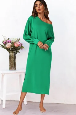 Long Sleeves Scoop Neckline Slit Hem Midi Dress In Green