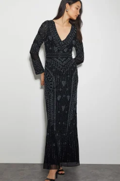 Lorelai Beaded Long Sleeve Maxi Dress Black