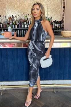Marble Print Halter Neck Ruched Mesh Midi Dress