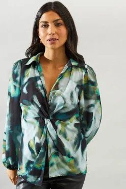 Marble Print Knot Detail Collared Blouse