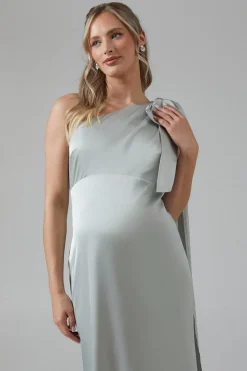 Maternity One Shoulder Bow Satin Maxi Bridesmaid Dress