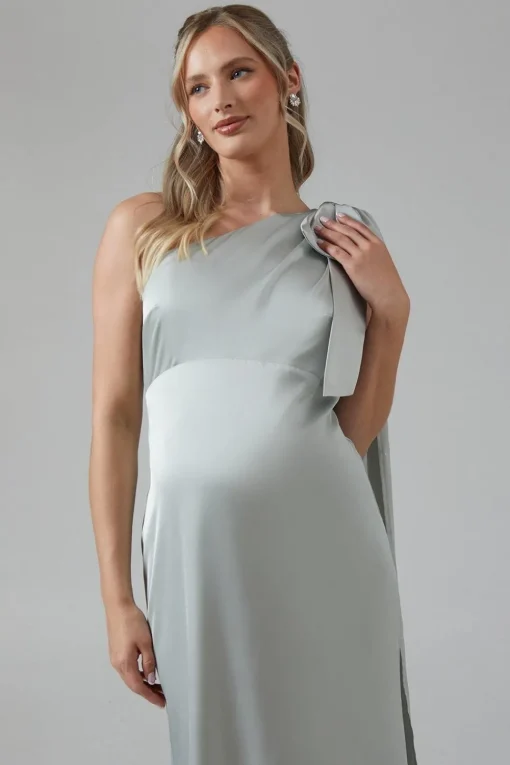 Maternity One Shoulder Bow Satin Maxi Bridesmaid Dress