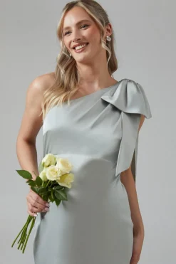 Maternity One Shoulder Bow Satin Maxi Bridesmaid Dress
