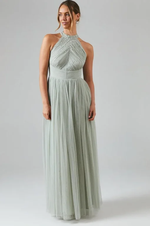Mesh Halterneck Bridesmaid Maxi Dress