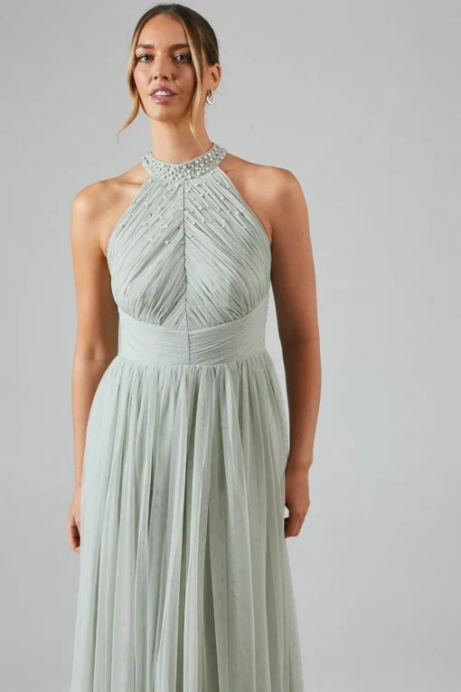 Mesh Halterneck Bridesmaid Maxi Dress