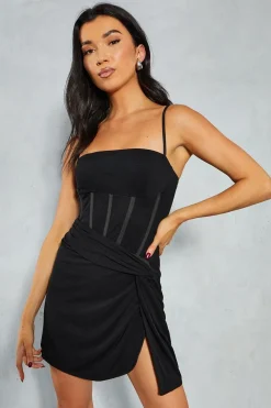 Mesh Halterneck Knot Skirt Corseted Mini Dress