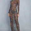 Mesh Jean Print Ruched Maxi Dress