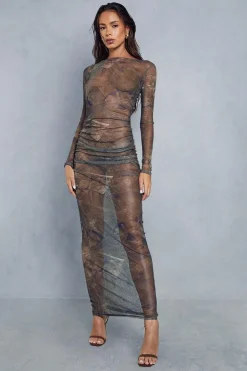 Mesh Jean Print Ruched Maxi Dress