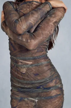Mesh Jean Print Ruched Maxi Dress