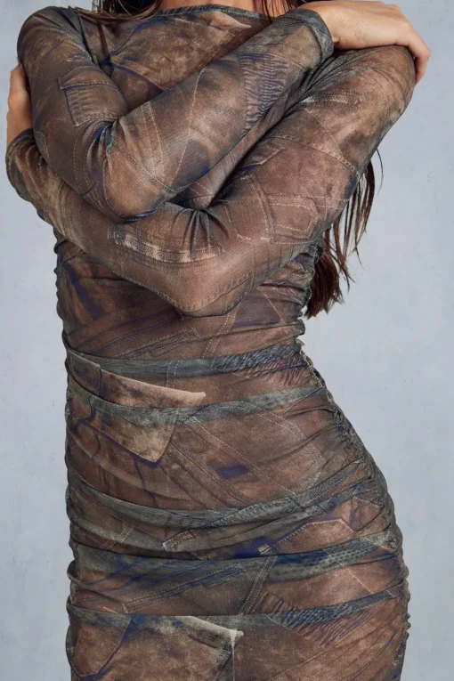 Mesh Jean Print Ruched Maxi Dress