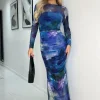 Mesh Overlay Long Sleeve Bodycon Midi Dress