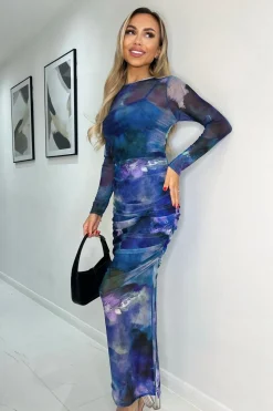 Mesh Overlay Long Sleeve Bodycon Midi Dress