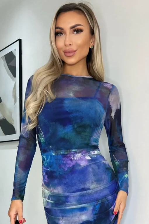 Mesh Overlay Long Sleeve Bodycon Midi Dress