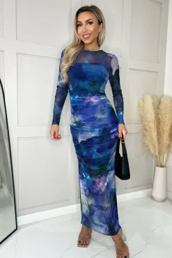 Mesh Overlay Long Sleeve Bodycon Midi Dress