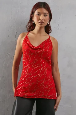 Metallic Chiffon Cowl Neck Strappy Cami