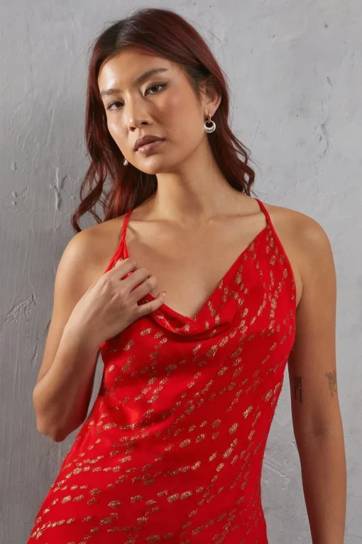 Metallic Chiffon Cowl Neck Strappy Cami
