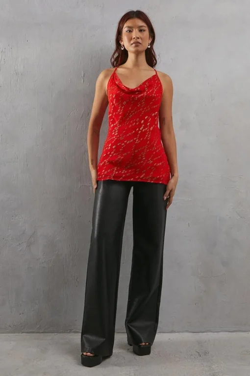 Metallic Chiffon Cowl Neck Strappy Cami