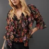 Metallic Dobby Button Front Ruffle Detail Blouse