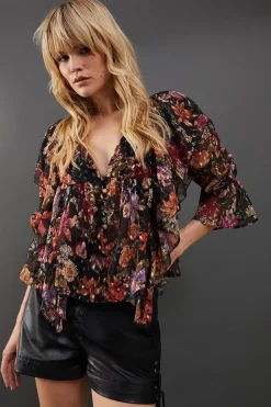 Metallic Dobby Button Front Ruffle Detail Blouse