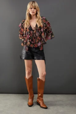 Metallic Dobby Button Front Ruffle Detail Blouse