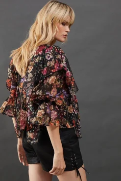 Metallic Dobby Button Front Ruffle Detail Blouse