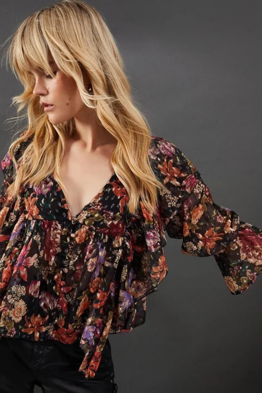 Metallic Dobby Button Front Ruffle Detail Blouse