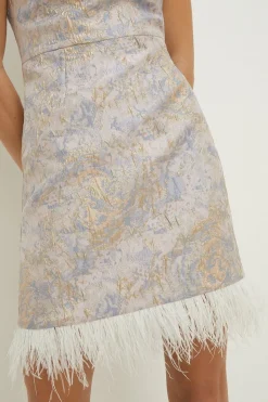 Metallic Jacquard Halter Faux Feather Mini Dress