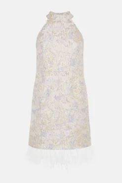 Metallic Jacquard Halter Faux Feather Mini Dress