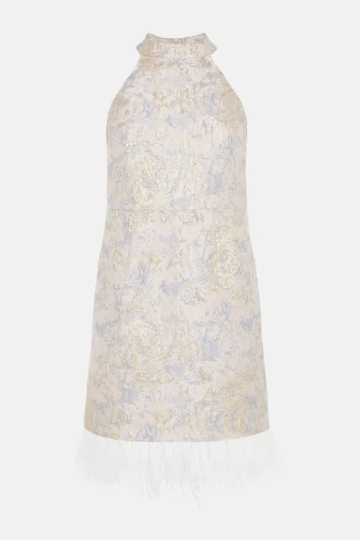 Metallic Jacquard Halter Faux Feather Mini Dress
