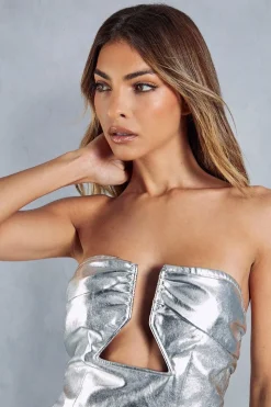 Metallic Leather Look Shaped Bust Bodycon Mini Dress