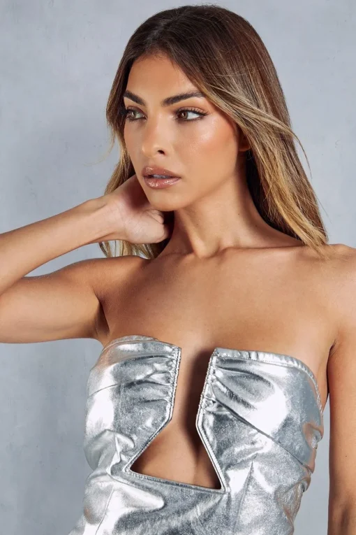Metallic Leather Look Shaped Bust Bodycon Mini Dress