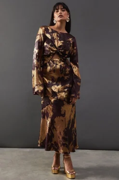 Metallic Marble Twist Front Bias Midi Dress