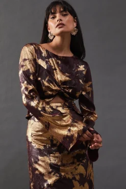 Metallic Marble Twist Front Bias Midi Dress