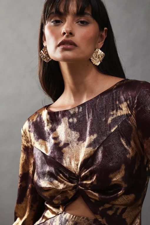 Metallic Marble Twist Front Bias Midi Dress